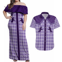 Aloha Hawaii Cowboys Paniolo Couples Matching Off Shoulder Maxi Dress and Hawaiian Shirt Violet Palaka LT7 Purple - Polynesian Pride
