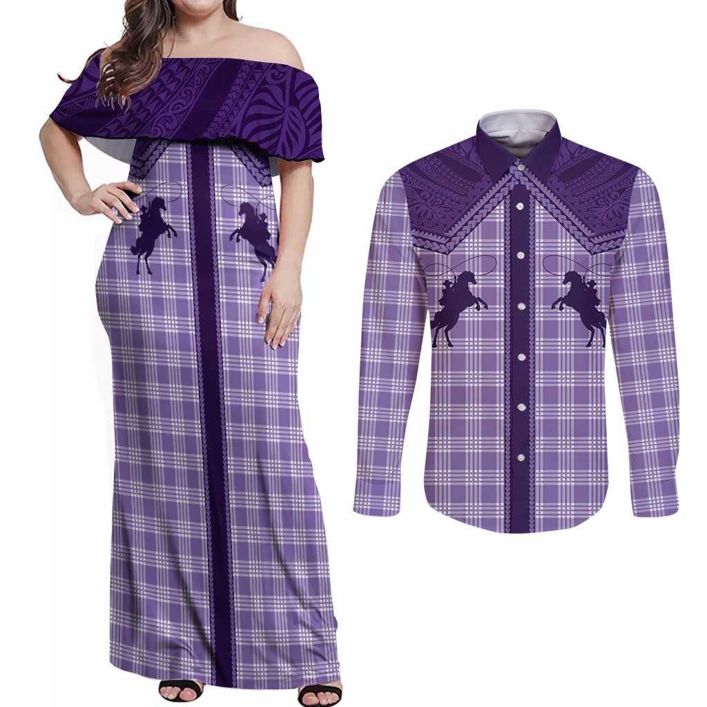 Aloha Hawaii Cowboys Paniolo Couples Matching Off Shoulder Maxi Dress and Long Sleeve Button Shirt Violet Palaka LT7 Purple - Polynesian Pride