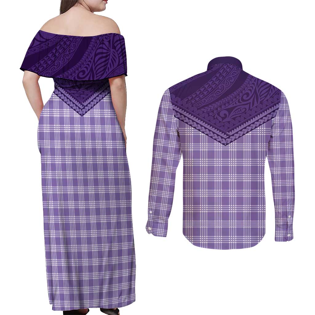 Aloha Hawaii Cowboys Paniolo Couples Matching Off Shoulder Maxi Dress and Long Sleeve Button Shirt Violet Palaka LT7 - Polynesian Pride