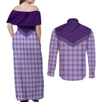 Aloha Hawaii Cowboys Paniolo Couples Matching Off Shoulder Maxi Dress and Long Sleeve Button Shirt Violet Palaka LT7 - Polynesian Pride