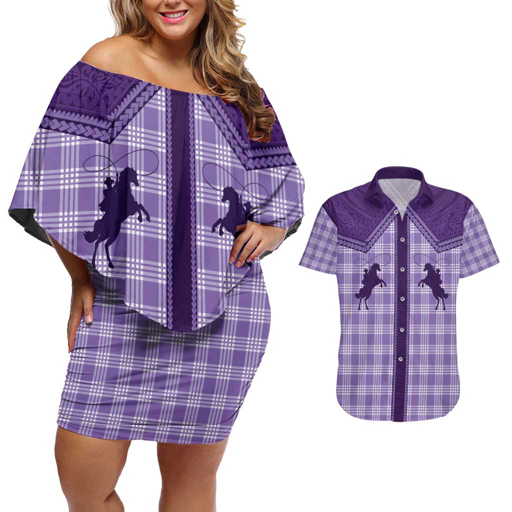 Aloha Hawaii Cowboys Paniolo Couples Matching Off Shoulder Short Dress and Hawaiian Shirt Violet Palaka LT7 Purple - Polynesian Pride