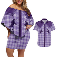 Aloha Hawaii Cowboys Paniolo Couples Matching Off Shoulder Short Dress and Hawaiian Shirt Violet Palaka LT7 Purple - Polynesian Pride