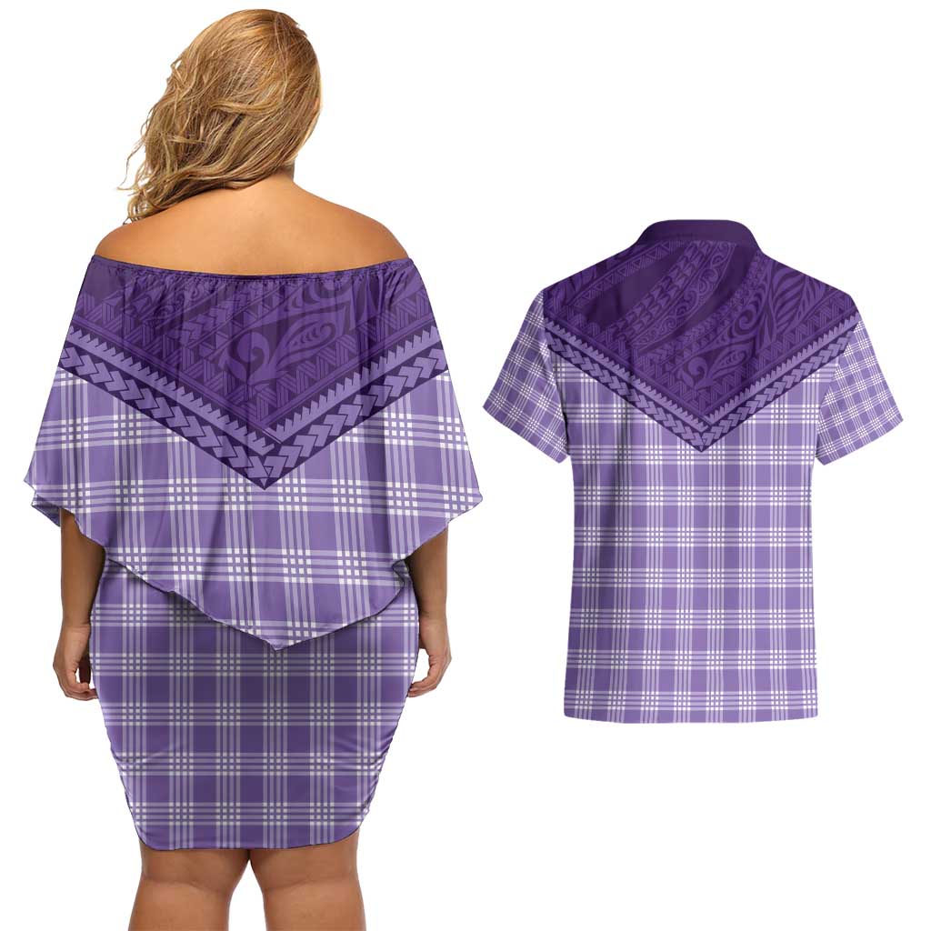 Aloha Hawaii Cowboys Paniolo Couples Matching Off Shoulder Short Dress and Hawaiian Shirt Violet Palaka LT7 - Polynesian Pride