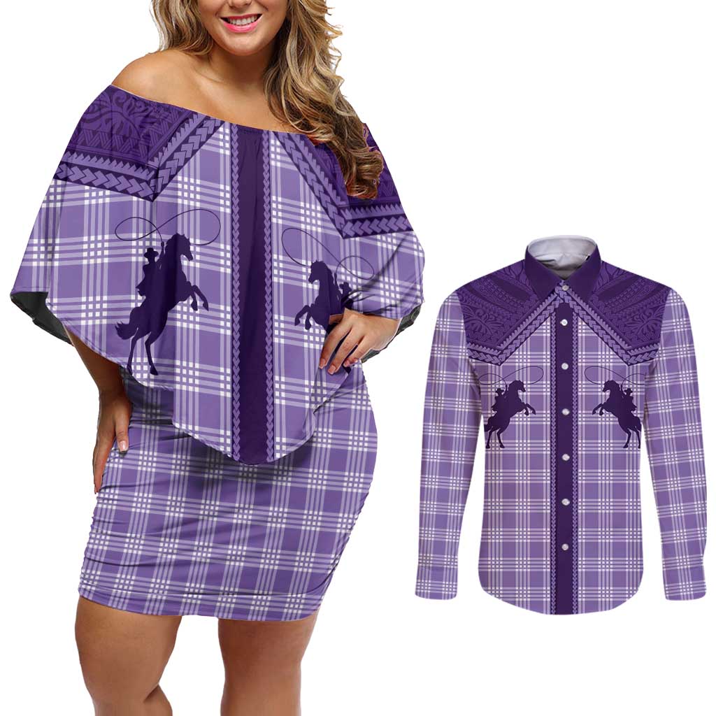 Aloha Hawaii Cowboys Paniolo Couples Matching Off Shoulder Short Dress and Long Sleeve Button Shirt Violet Palaka LT7 Purple - Polynesian Pride