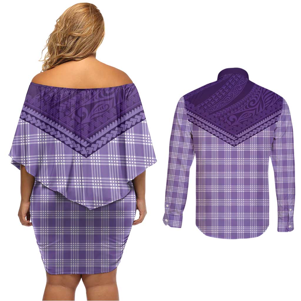 Aloha Hawaii Cowboys Paniolo Couples Matching Off Shoulder Short Dress and Long Sleeve Button Shirt Violet Palaka LT7 - Polynesian Pride