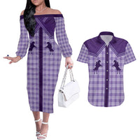 Aloha Hawaii Cowboys Paniolo Couples Matching Off The Shoulder Long Sleeve Dress and Hawaiian Shirt Violet Palaka LT7 Purple - Polynesian Pride