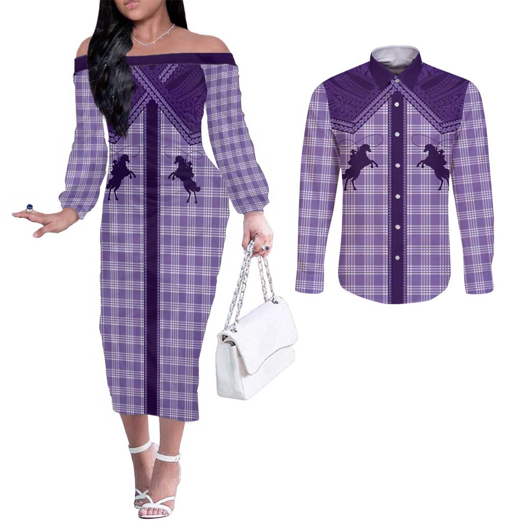Aloha Hawaii Cowboys Paniolo Couples Matching Off The Shoulder Long Sleeve Dress and Long Sleeve Button Shirt Violet Palaka LT7 Purple - Polynesian Pride