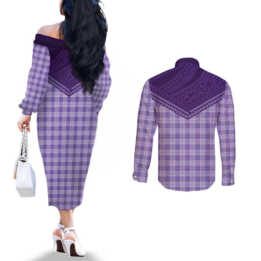 Aloha Hawaii Cowboys Paniolo Couples Matching Off The Shoulder Long Sleeve Dress and Long Sleeve Button Shirt Violet Palaka LT7 - Polynesian Pride