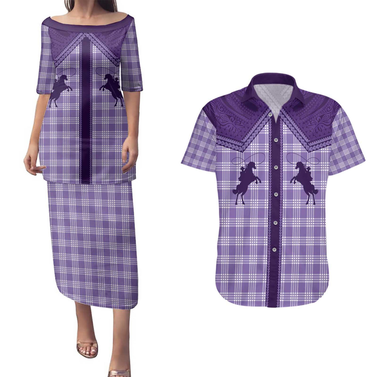 Aloha Hawaii Cowboys Paniolo Couples Matching Puletasi and Hawaiian Shirt Violet Palaka LT7 Purple - Polynesian Pride