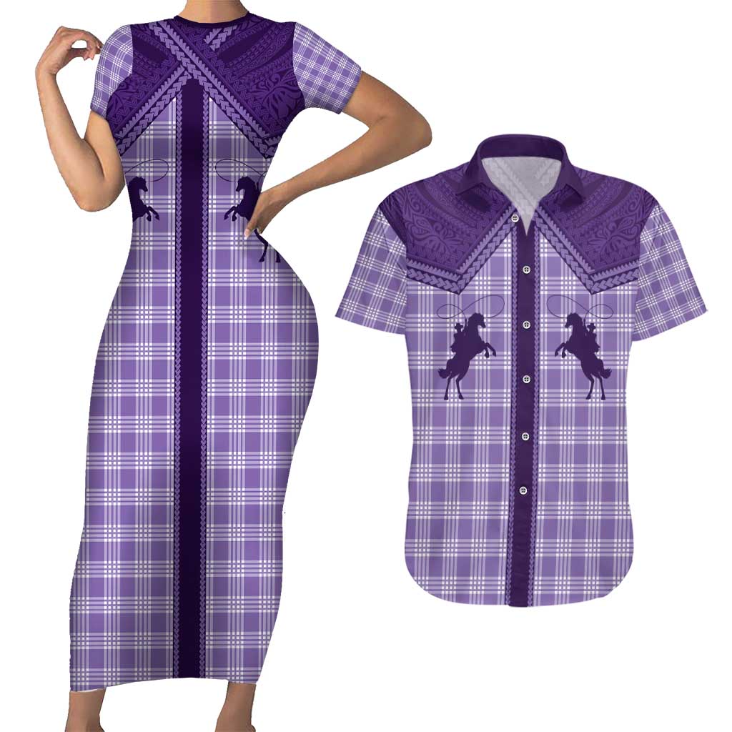 Aloha Hawaii Cowboys Paniolo Couples Matching Short Sleeve Bodycon Dress and Hawaiian Shirt Violet Palaka LT7 Purple - Polynesian Pride