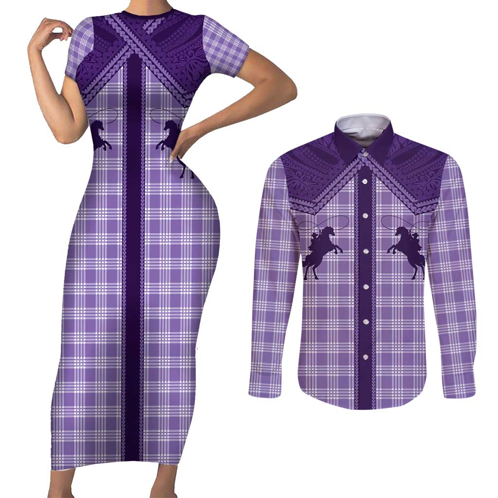 Aloha Hawaii Cowboys Paniolo Couples Matching Short Sleeve Bodycon Dress and Long Sleeve Button Shirt Violet Palaka LT7 Purple - Polynesian Pride