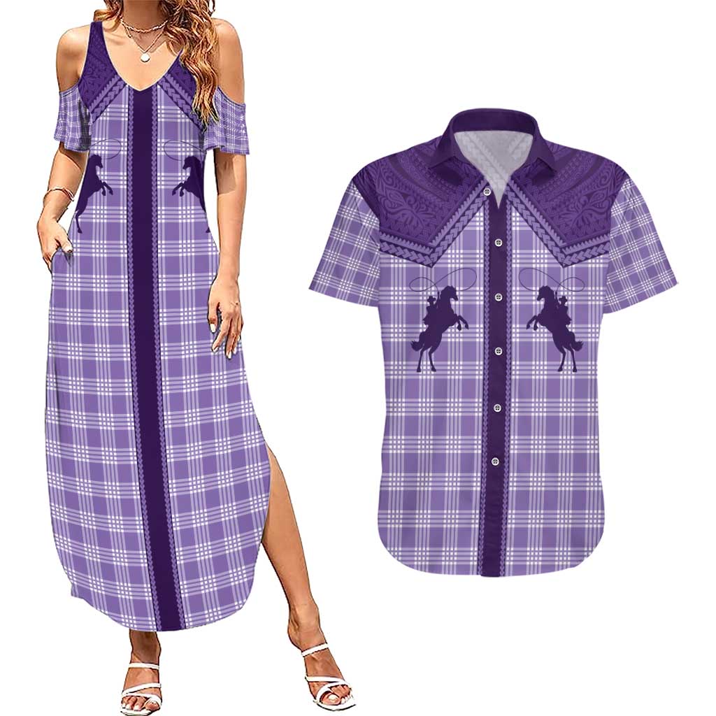 Aloha Hawaii Cowboys Paniolo Couples Matching Summer Maxi Dress and Hawaiian Shirt Violet Palaka LT7 Purple - Polynesian Pride