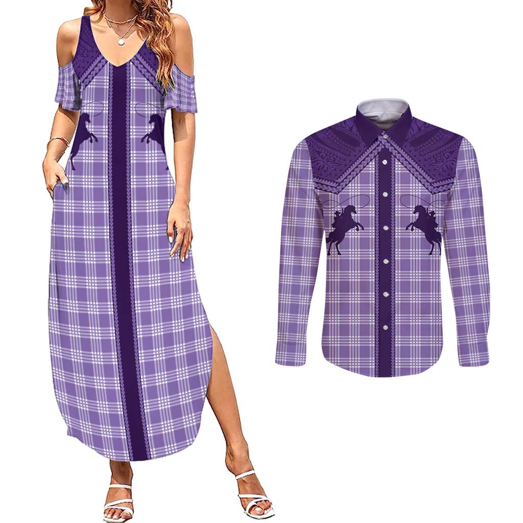 Aloha Hawaii Cowboys Paniolo Couples Matching Summer Maxi Dress and Long Sleeve Button Shirt Violet Palaka LT7 Purple - Polynesian Pride