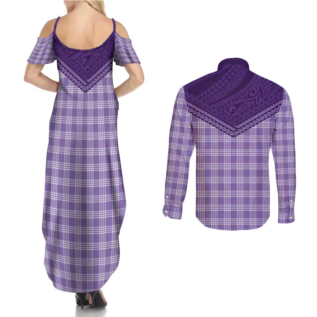 Aloha Hawaii Cowboys Paniolo Couples Matching Summer Maxi Dress and Long Sleeve Button Shirt Violet Palaka LT7 - Polynesian Pride