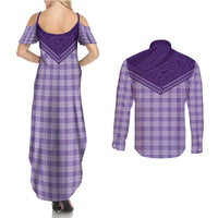 Aloha Hawaii Cowboys Paniolo Couples Matching Summer Maxi Dress and Long Sleeve Button Shirt Violet Palaka LT7 - Polynesian Pride