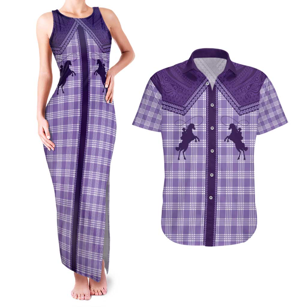 Aloha Hawaii Cowboys Paniolo Couples Matching Tank Maxi Dress and Hawaiian Shirt Violet Palaka LT7 Purple - Polynesian Pride