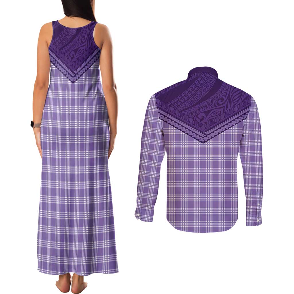 Aloha Hawaii Cowboys Paniolo Couples Matching Tank Maxi Dress and Long Sleeve Button Shirt Violet Palaka LT7 - Polynesian Pride