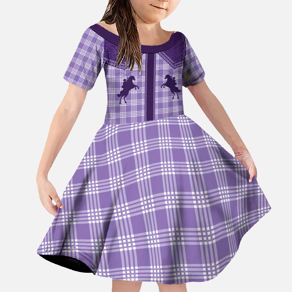 Aloha Hawaii Cowboys Paniolo Family Matching Off The Shoulder Long Sleeve Dress and Hawaiian Shirt Violet Palaka LT7 Daughter's Dress Purple - Polynesian Pride