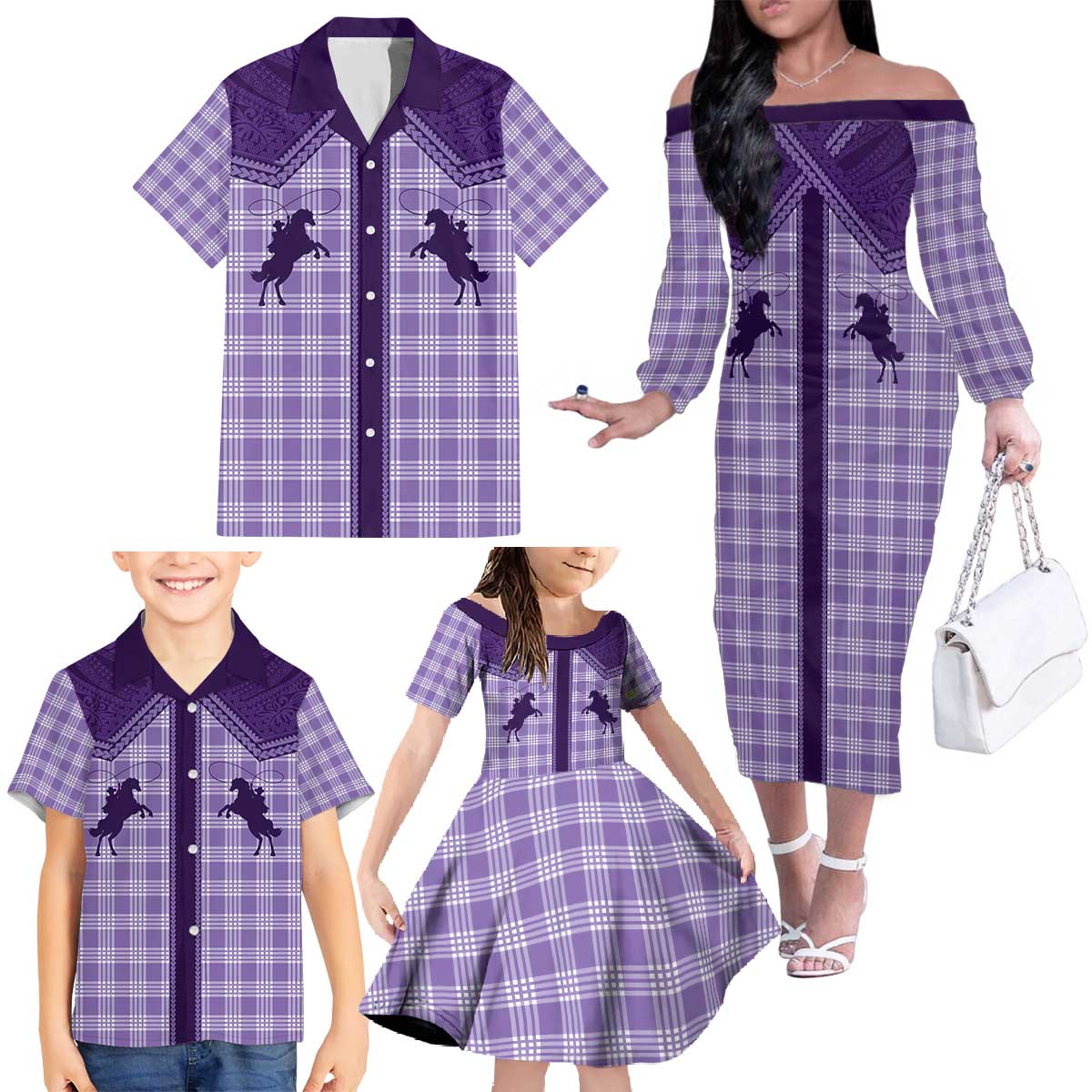 Aloha Hawaii Cowboys Paniolo Family Matching Off The Shoulder Long Sleeve Dress and Hawaiian Shirt Violet Palaka LT7 - Polynesian Pride
