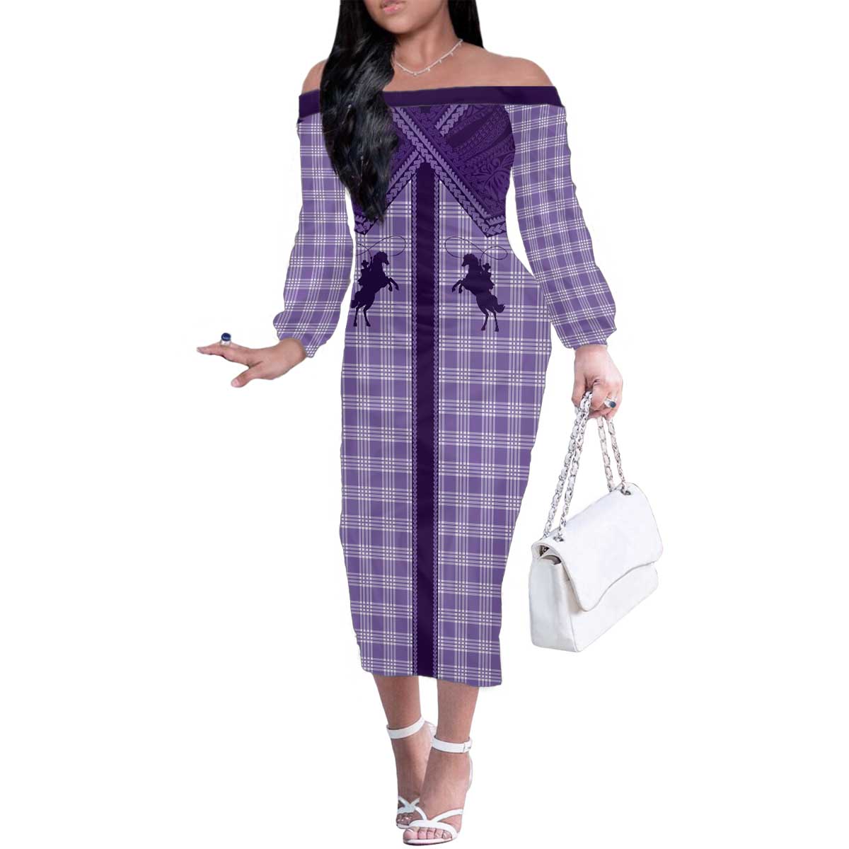 Aloha Hawaii Cowboys Paniolo Family Matching Off The Shoulder Long Sleeve Dress and Hawaiian Shirt Violet Palaka LT7 Mom's Dress Purple - Polynesian Pride