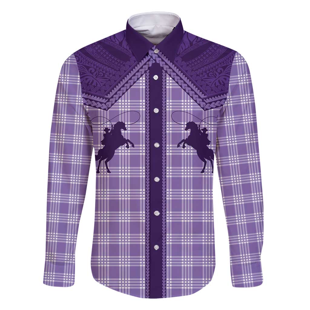 Aloha Hawaii Cowboys Paniolo Family Matching Off Shoulder Maxi Dress and Hawaiian Shirt Violet Palaka LT7 Dad's Shirt - Long Sleeve Purple - Polynesian Pride