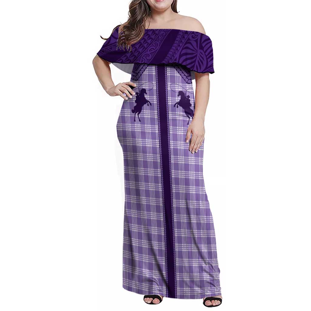 Aloha Hawaii Cowboys Paniolo Family Matching Off Shoulder Maxi Dress and Hawaiian Shirt Violet Palaka LT7 Mom's Dress Purple - Polynesian Pride