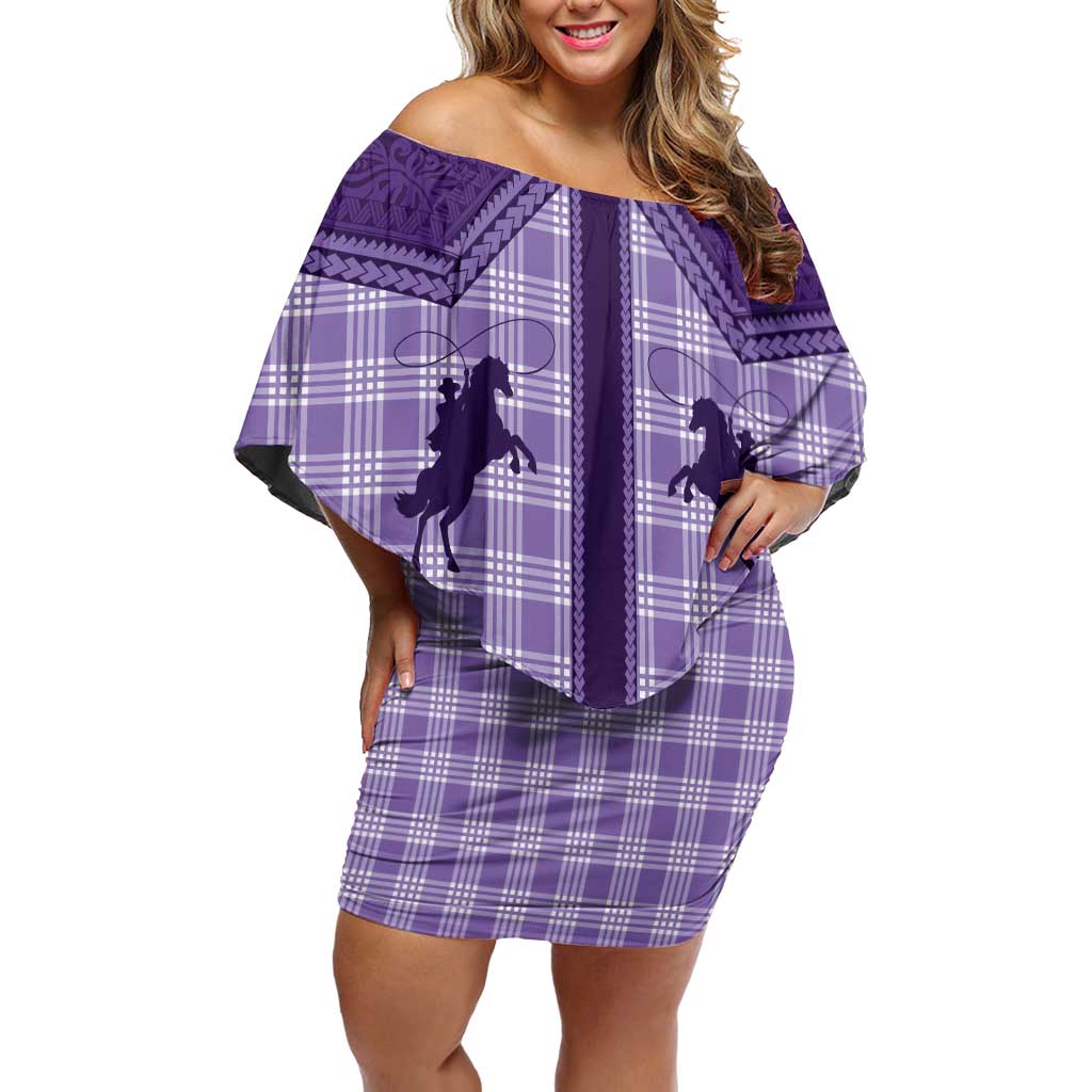 Aloha Hawaii Cowboys Paniolo Family Matching Off Shoulder Short Dress and Hawaiian Shirt Violet Palaka LT7 Mom's Dress Purple - Polynesian Pride