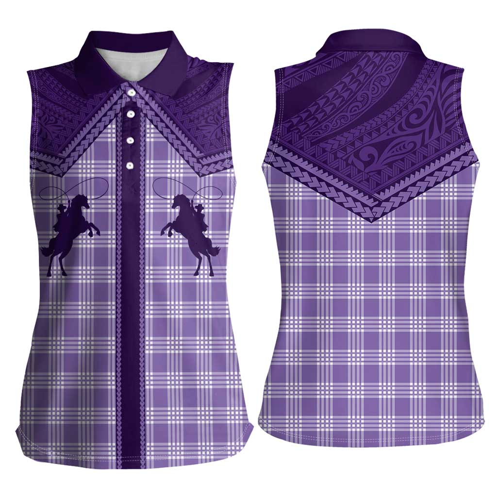 Aloha Hawaii Cowboys Paniolo Women Sleeveless Polo Shirt Violet Palaka LT7 - Polynesian Pride