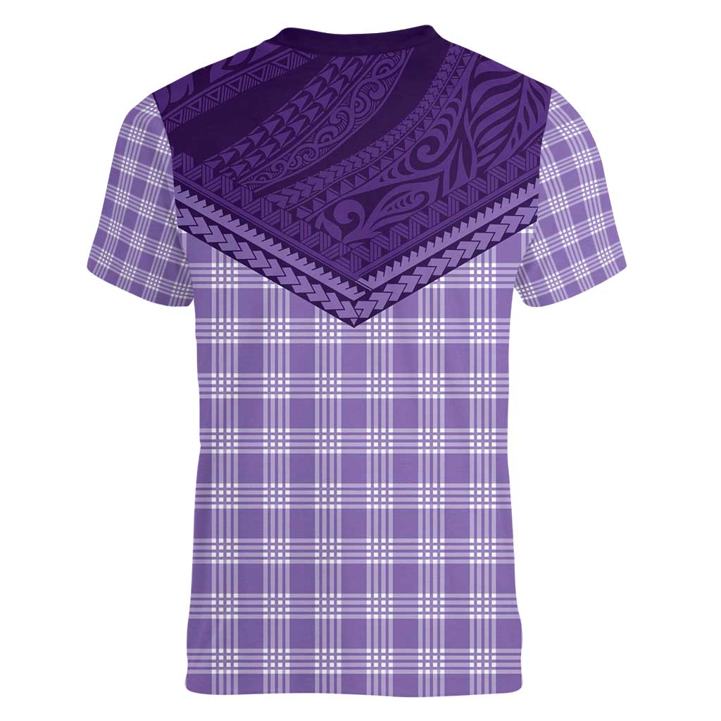 Aloha Hawaii Cowboys Paniolo Women V-Neck T-Shirt Violet Palaka - Polynesian Pride
