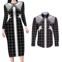 Aloha Hawaii Cowboys Paniolo Couples Matching Long Sleeve Bodycon Dress and Long Sleeve Button Shirt Black Palaka LT7 Black - Polynesian Pride