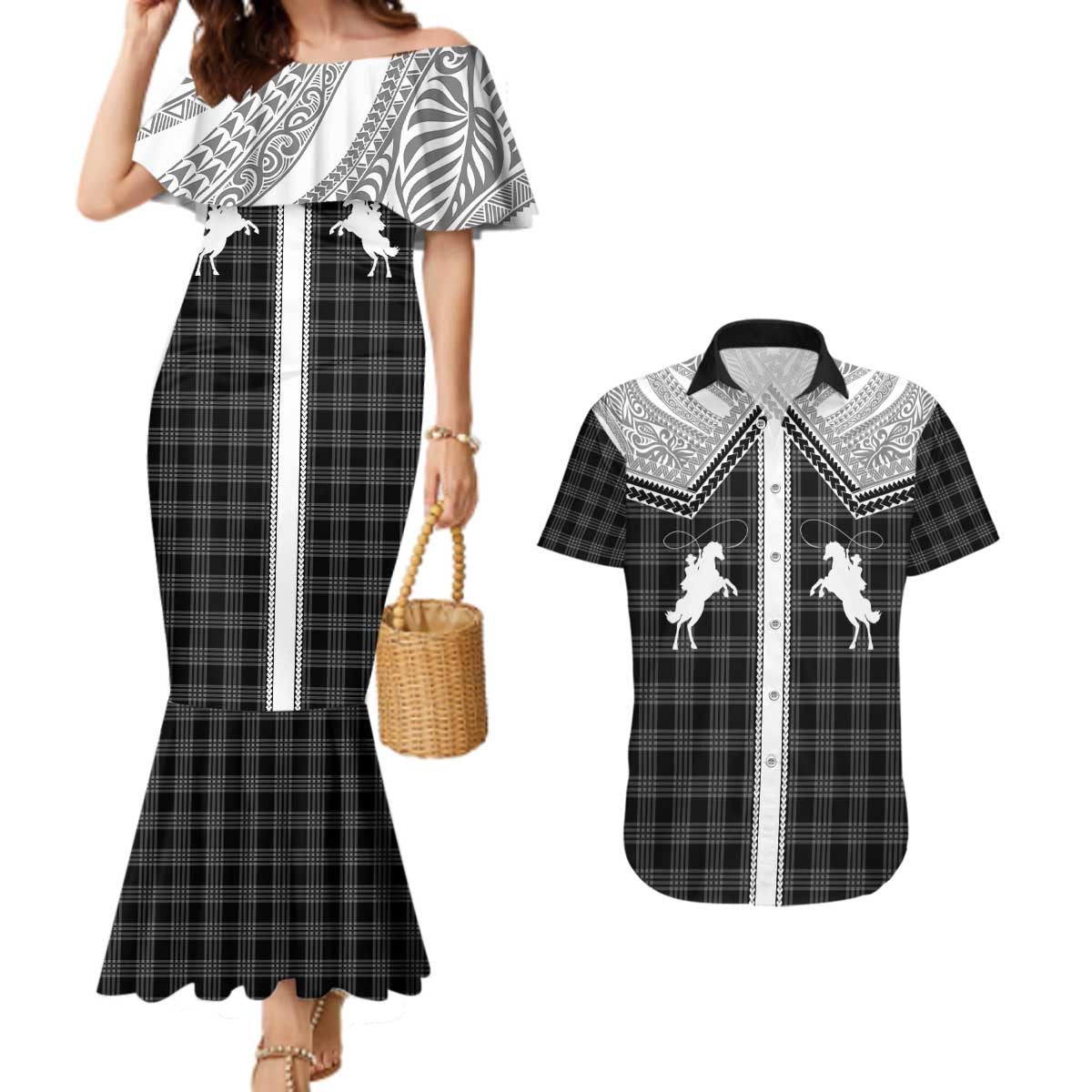 Aloha Hawaii Cowboys Paniolo Couples Matching Mermaid Dress and Hawaiian Shirt Black Palaka LT7 Black - Polynesian Pride