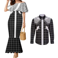 Aloha Hawaii Cowboys Paniolo Couples Matching Mermaid Dress and Long Sleeve Button Shirt Black Palaka LT7 Black - Polynesian Pride