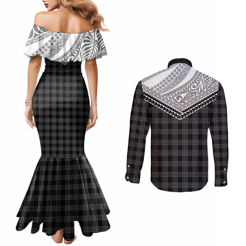 Aloha Hawaii Cowboys Paniolo Couples Matching Mermaid Dress and Long Sleeve Button Shirt Black Palaka LT7 - Polynesian Pride