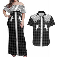 Aloha Hawaii Cowboys Paniolo Couples Matching Off Shoulder Maxi Dress and Hawaiian Shirt Black Palaka LT7 Black - Polynesian Pride
