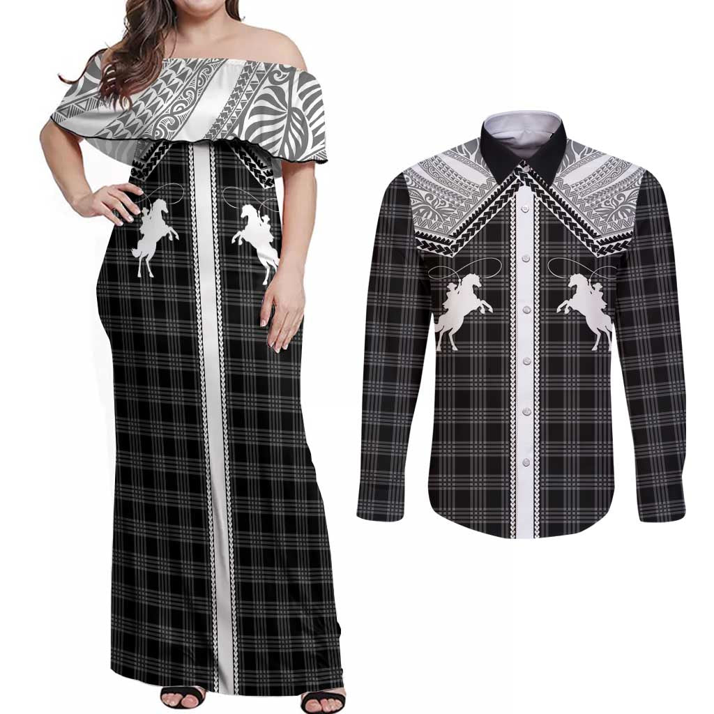 Aloha Hawaii Cowboys Paniolo Couples Matching Off Shoulder Maxi Dress and Long Sleeve Button Shirt Black Palaka LT7 Black - Polynesian Pride