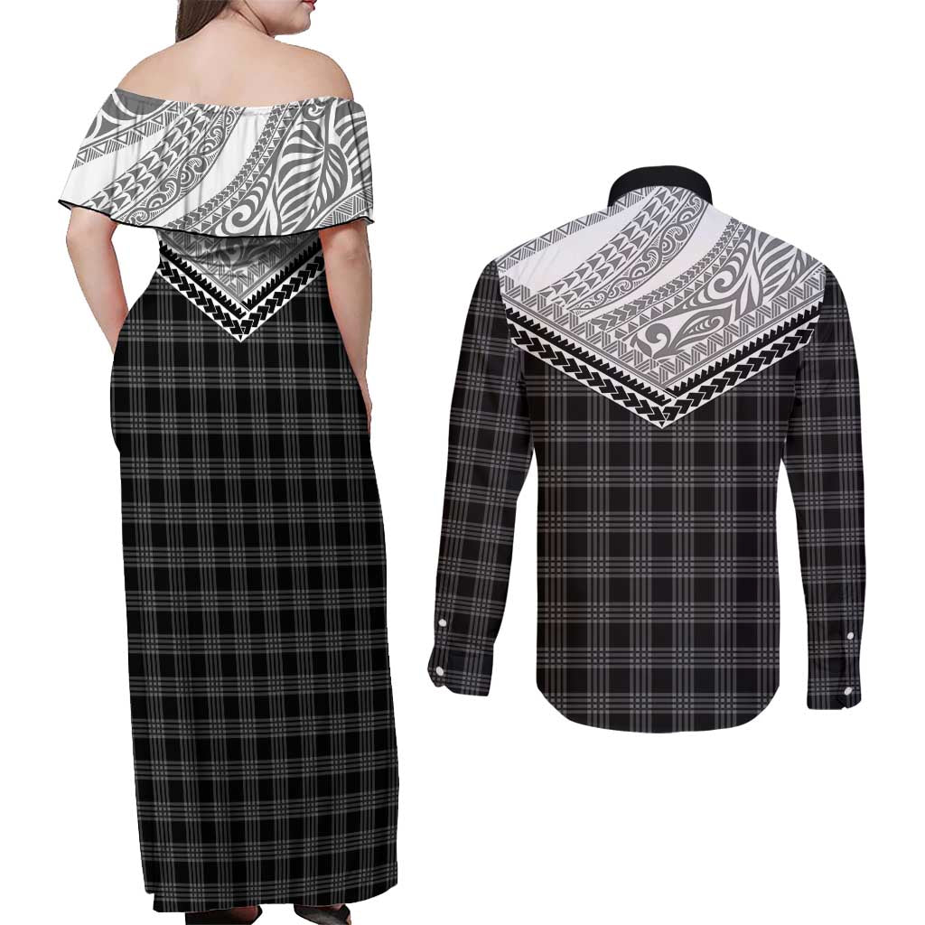 Aloha Hawaii Cowboys Paniolo Couples Matching Off Shoulder Maxi Dress and Long Sleeve Button Shirt Black Palaka LT7 - Polynesian Pride