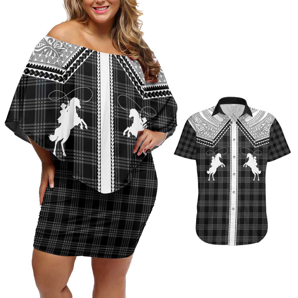 Aloha Hawaii Cowboys Paniolo Couples Matching Off Shoulder Short Dress and Hawaiian Shirt Black Palaka LT7 Black - Polynesian Pride
