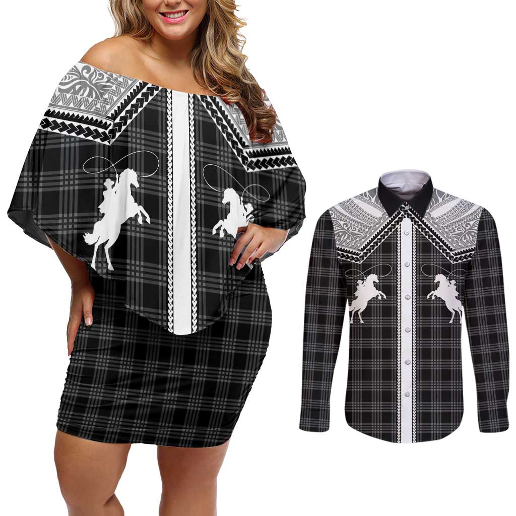Aloha Hawaii Cowboys Paniolo Couples Matching Off Shoulder Short Dress and Long Sleeve Button Shirt Black Palaka LT7 Black - Polynesian Pride