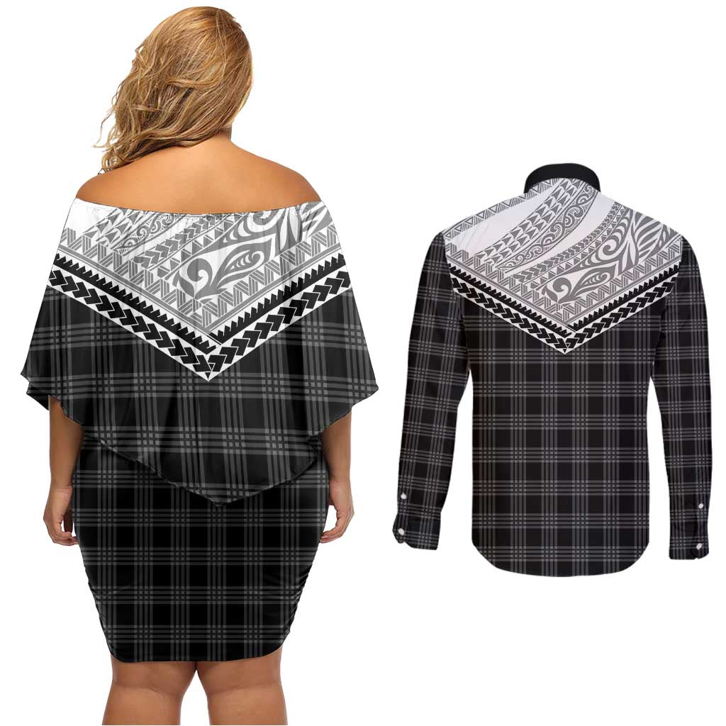 Aloha Hawaii Cowboys Paniolo Couples Matching Off Shoulder Short Dress and Long Sleeve Button Shirt Black Palaka LT7 - Polynesian Pride