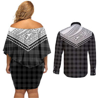 Aloha Hawaii Cowboys Paniolo Couples Matching Off Shoulder Short Dress and Long Sleeve Button Shirt Black Palaka LT7 - Polynesian Pride