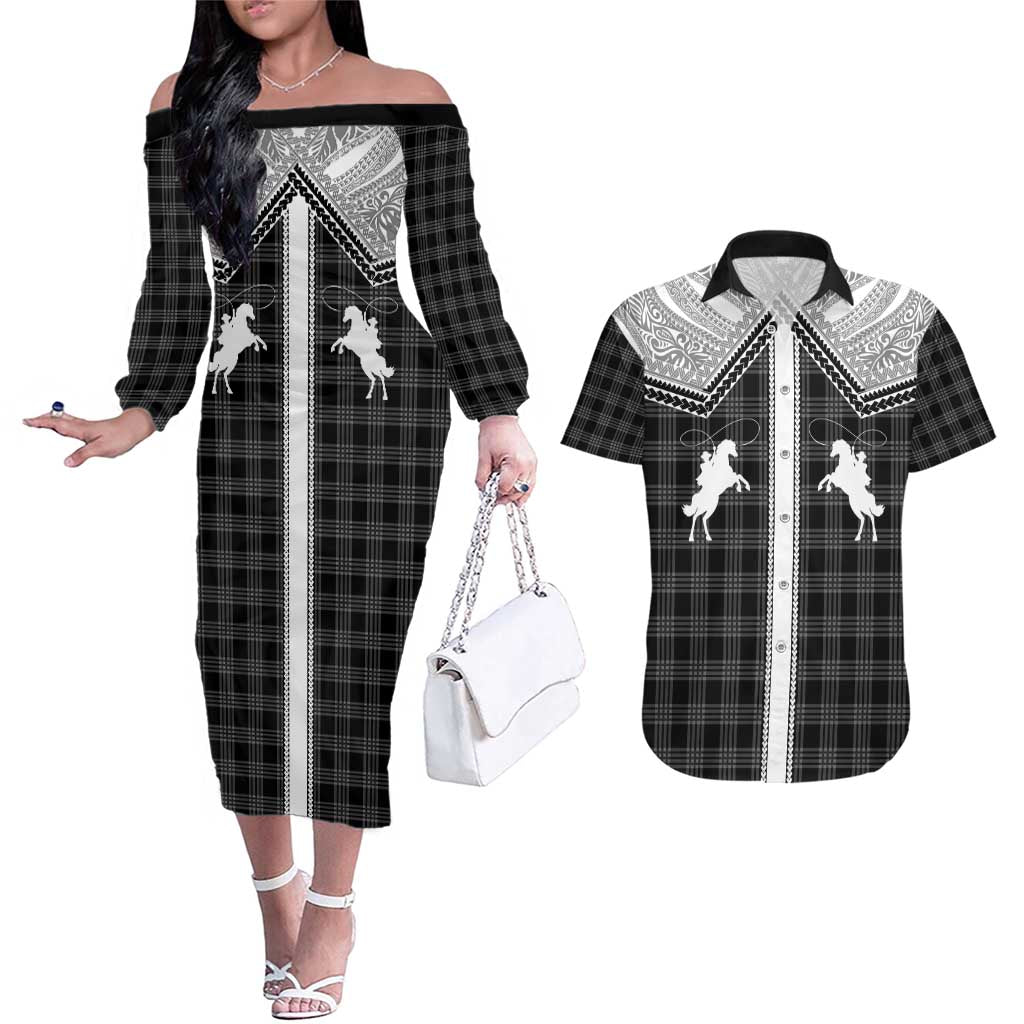 Aloha Hawaii Cowboys Paniolo Couples Matching Off The Shoulder Long Sleeve Dress and Hawaiian Shirt Black Palaka LT7 Black - Polynesian Pride