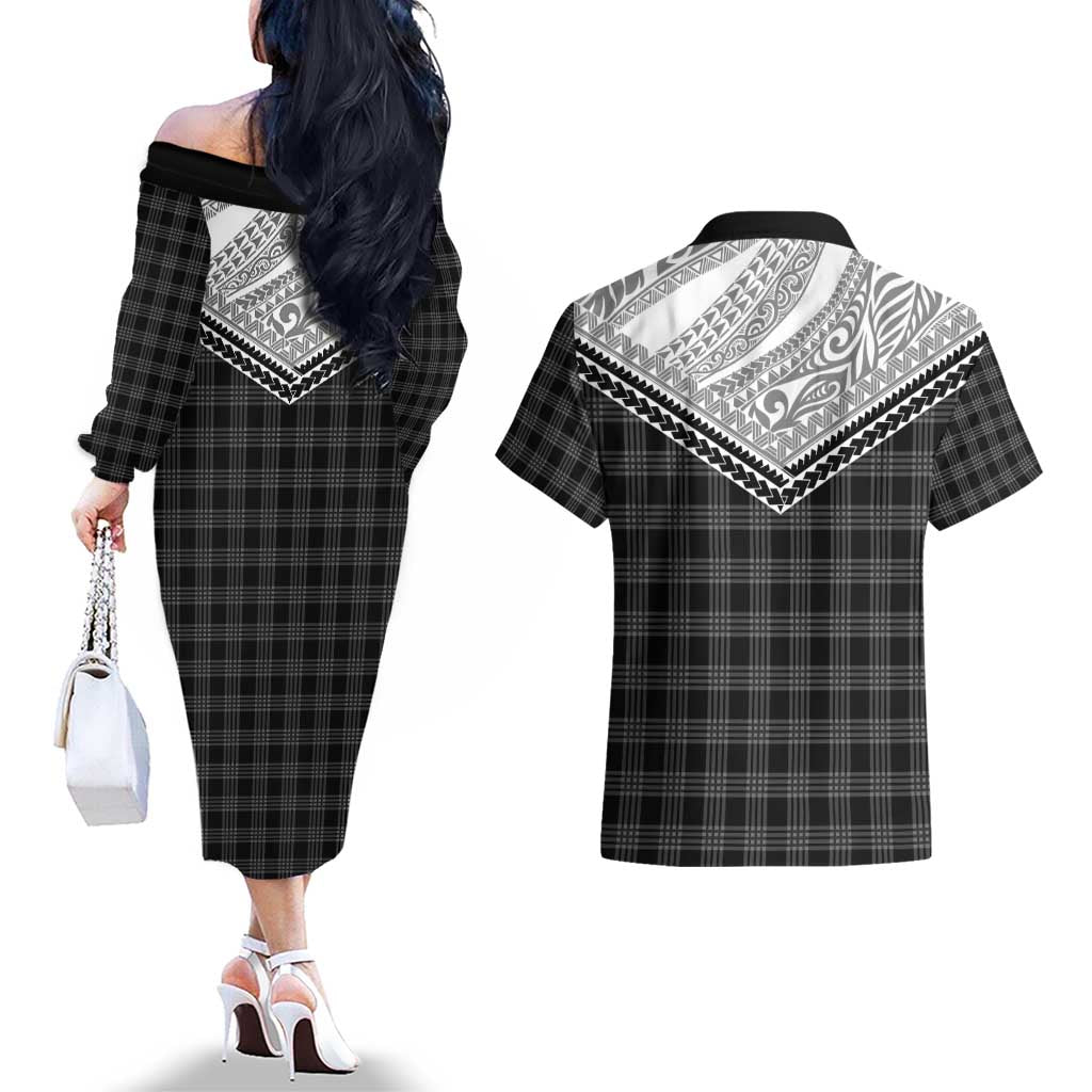 Aloha Hawaii Cowboys Paniolo Couples Matching Off The Shoulder Long Sleeve Dress and Hawaiian Shirt Black Palaka LT7 - Polynesian Pride