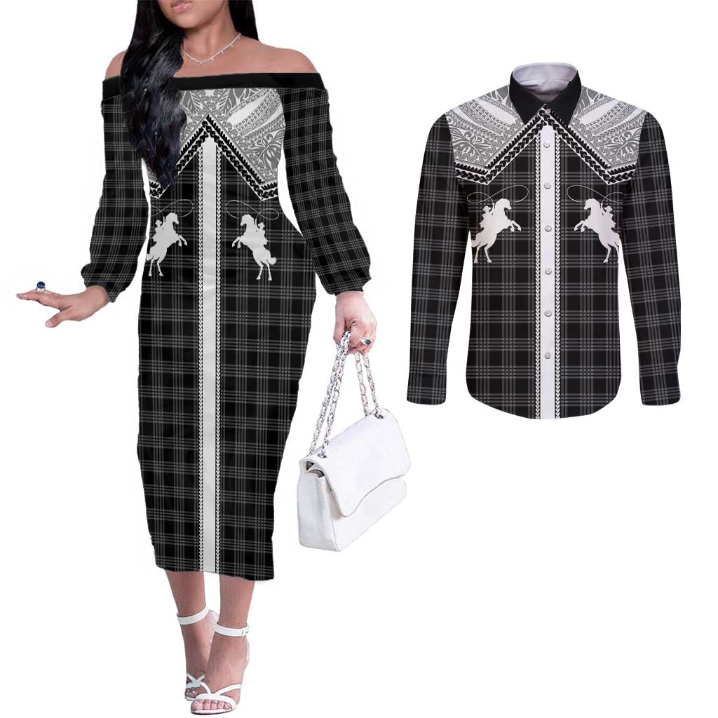 Aloha Hawaii Cowboys Paniolo Couples Matching Off The Shoulder Long Sleeve Dress and Long Sleeve Button Shirt Black Palaka LT7 Black - Polynesian Pride