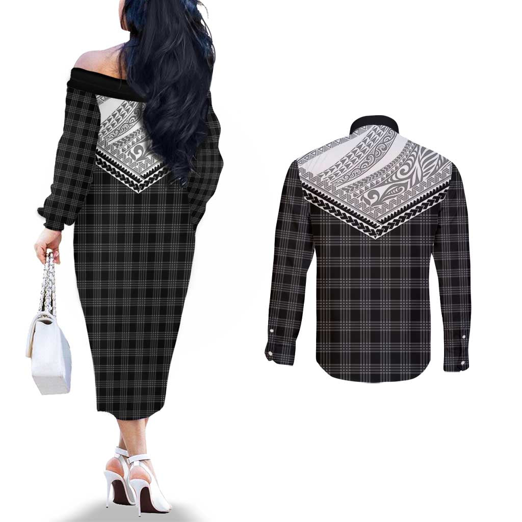 Aloha Hawaii Cowboys Paniolo Couples Matching Off The Shoulder Long Sleeve Dress and Long Sleeve Button Shirt Black Palaka LT7 - Polynesian Pride