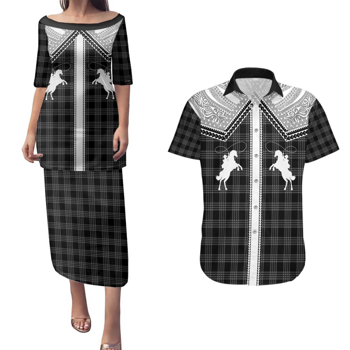 Aloha Hawaii Cowboys Paniolo Couples Matching Puletasi and Hawaiian Shirt Black Palaka LT7 Black - Polynesian Pride