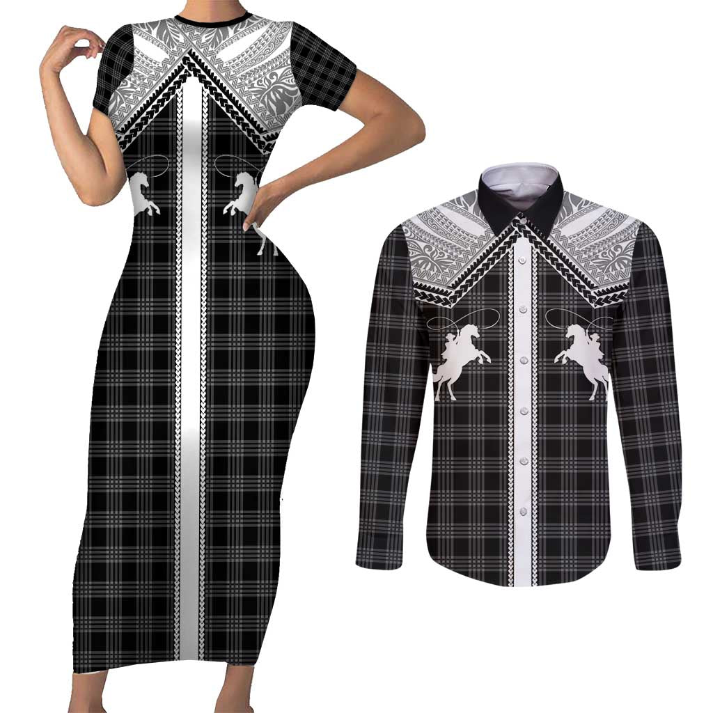 Aloha Hawaii Cowboys Paniolo Couples Matching Short Sleeve Bodycon Dress and Long Sleeve Button Shirt Black Palaka LT7 Black - Polynesian Pride