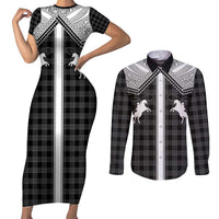 Aloha Hawaii Cowboys Paniolo Couples Matching Short Sleeve Bodycon Dress and Long Sleeve Button Shirt Black Palaka LT7 Black - Polynesian Pride