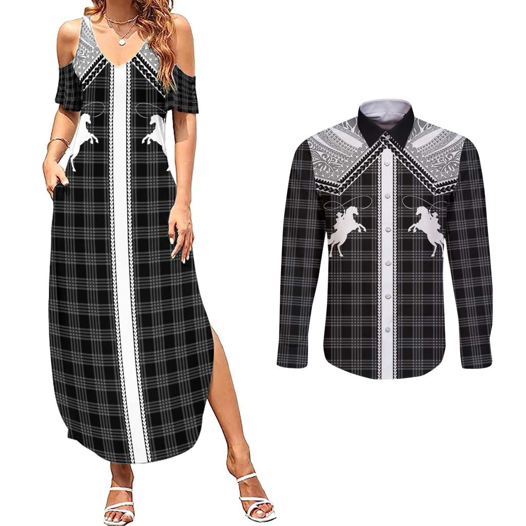 Aloha Hawaii Cowboys Paniolo Couples Matching Summer Maxi Dress and Long Sleeve Button Shirt Black Palaka LT7 Black - Polynesian Pride