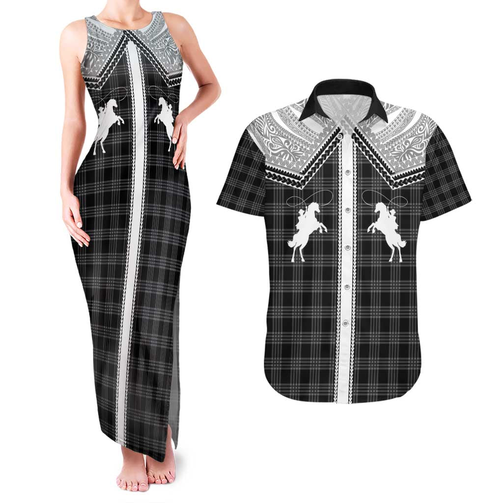 Aloha Hawaii Cowboys Paniolo Couples Matching Tank Maxi Dress and Hawaiian Shirt Black Palaka LT7 Black - Polynesian Pride