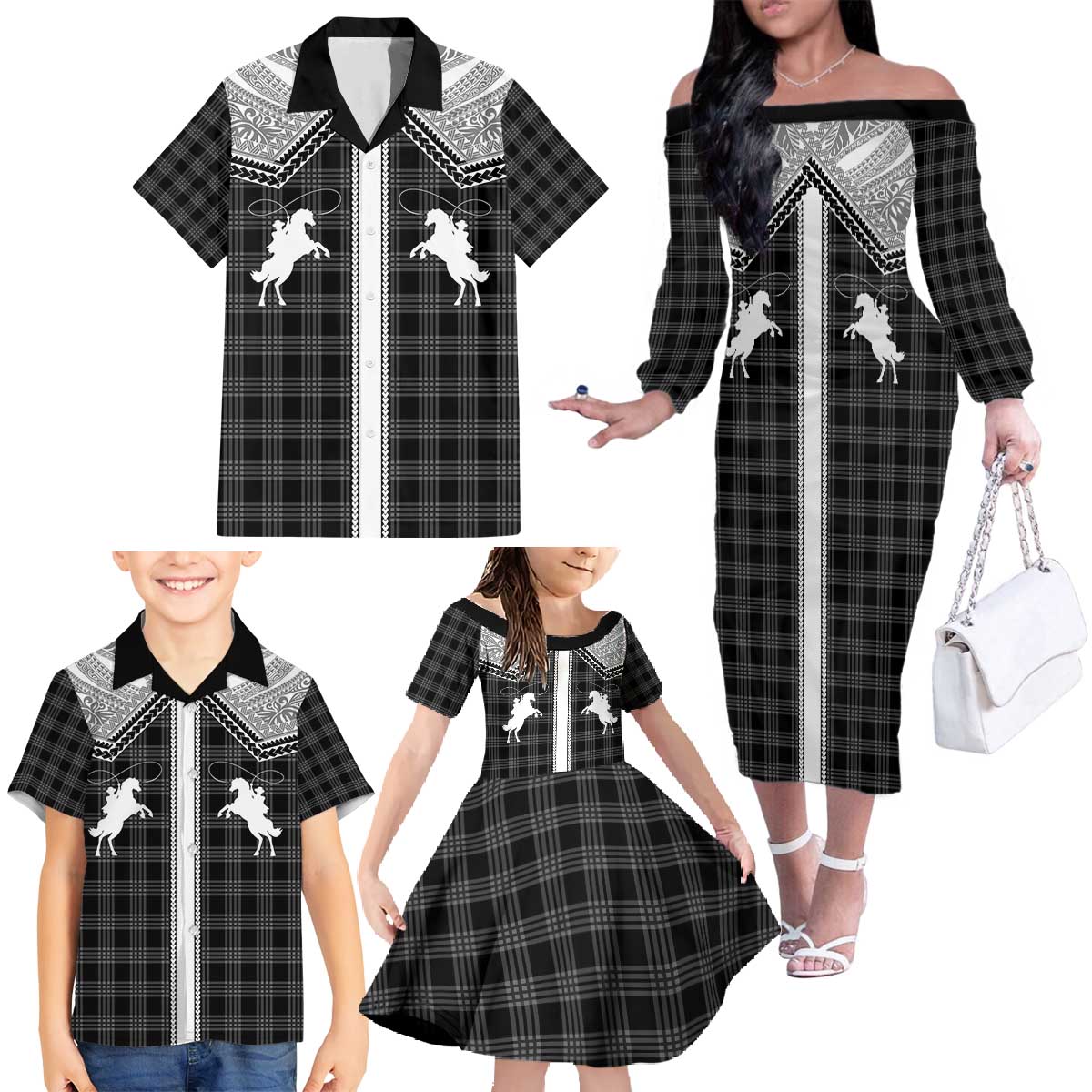 Aloha Hawaii Cowboys Paniolo Family Matching Off The Shoulder Long Sleeve Dress and Hawaiian Shirt Black Palaka LT7 - Polynesian Pride
